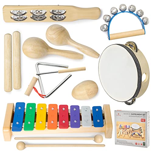 MUSICUBE 13 Pcs Kids Wooden Percussion Musical Instrument Set,Xylophone Maracas Egg Shaker Tambourine Triangle Instrument for Kids Toddler Toys