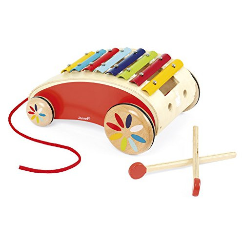 Janod Tatoo Xylo Roller u2013 Musical Rolling Wooden Xylophone Pull-Along Toy - Encourages Creativity and Motor Skills - 18 Months one Color J05380