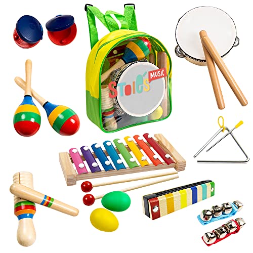 Stoies Kids Musical Instruments Set 19 pcs for Toddler Ages 3-5 - Baby Wooden Percussion Musical Toys for Little Boys & Girls 9-12 Years Old- with Xylophone and Maracas - to Play in First Mini Band