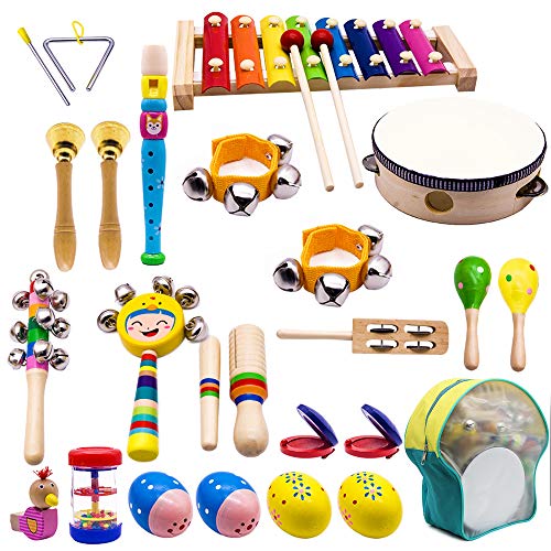 ATDAWN Kids Musical Instruments, 15 Types 22pcs Wood Percussion Xylophone Toys for Boys and Girls Preschool Education with Storage Backpack