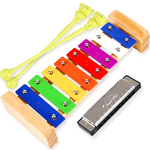 Xylophone for Kids and Toddlers with Mallets, Harmonica, and Music Cards, Glockenspiel Wooden Musical Instrument for Baby Boys and Girls, Preschool Percussion Birthday Gift and Stocking Stuffer