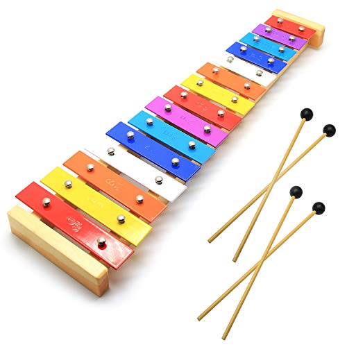 CeleMoon 15 Tone Natural Wooden Toddler Xylophone Glockenspiel for Kids with Multi-Colored Metal Bars Included Two Sets of Child-Safe Wooden Mallets