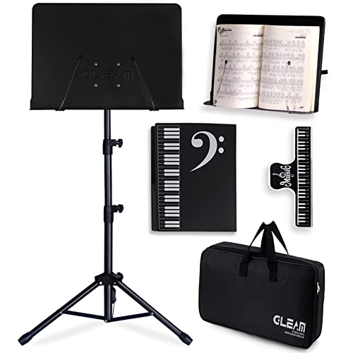 GLEAM Sheet Music Stand - 5 in1 Desktop Book Stand Metal with Carrying Bag Folder and Clamp