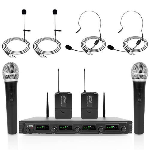 4 Channel Wireless Microphone System - Portable UHF Audio Mic Set with 2 Handheld, 2 Headset, 2 Lavalier Mics, 2 Transmitter, 8 AA Battery, Power Adapter - For Karaoke, PA, DJ - Pyle PDWM4540