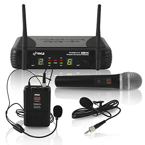 Pyle Dual Channel UHF Wireless Microphone System Handheld MIC, Headset, Belt Pack, Lavelier/Lapel MIC w/ 8 Selectable Frequency Independent Volume Controls AF & RF Signal Indicators (PDWM3378) Black
