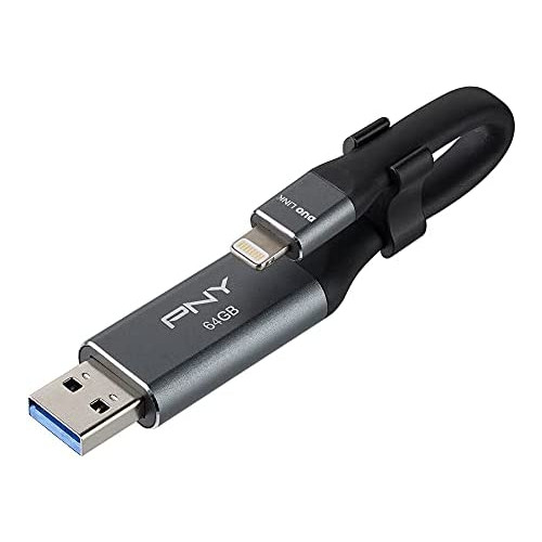 PNY 64GB DUO LINK iOS USB 3.0 OTG Flash Drive for iPhone & iPad and Computers - External Mobile Storage for photos, videos, and more, Metal Gray