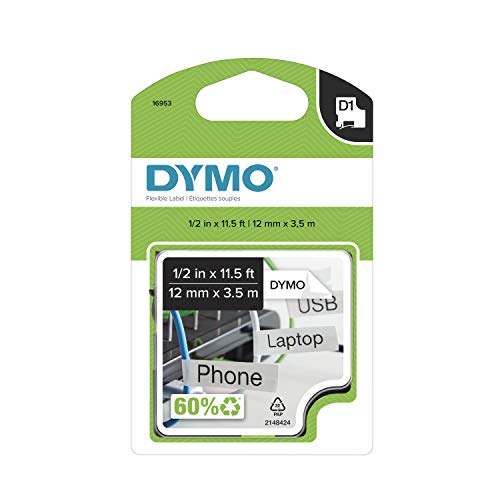 DYMO D1 High Performance Flexible Nylon Fabric Tape for Label Makers, 1/2-inch, Black Print on White, 12-Foot Cartridge (16953), DYMO Authentic