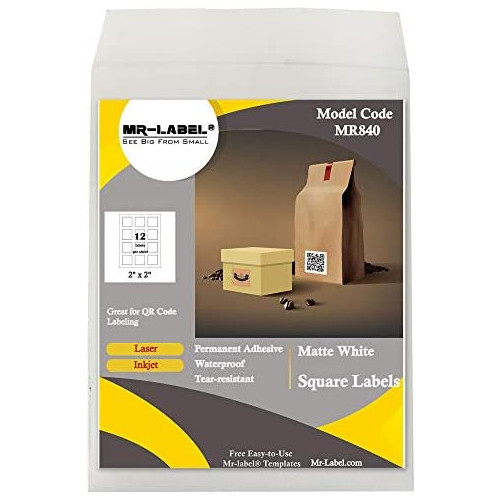 Mr-Label 2 Square White Sticker Label - Waterproof and Tear-Resistant - for Inkjet & Laser Printer - for Food Package | Gift Bag | Jar (10 Sheets Total 120 Labels)
