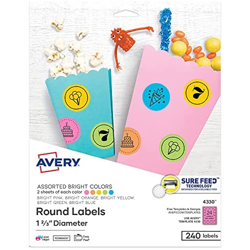 Avery Printable Round Labels with Sure Feed, 1-2/3 Inch Diameter, Assorted Bright Colors, 240 Customizable Labels (04330)