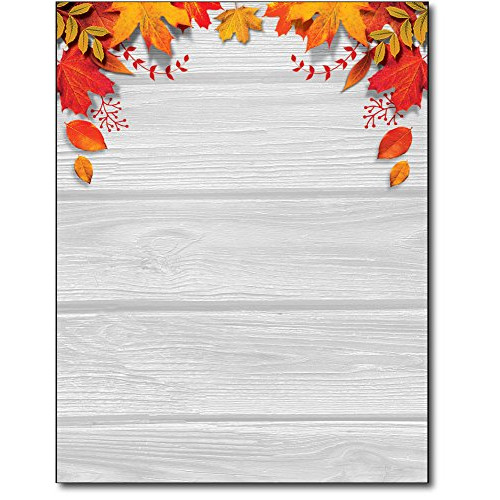 Fall Leaves over Wood Stationery Paper - 80 Sheets - Autumn Letterhead for Festivals & Thanksgiving