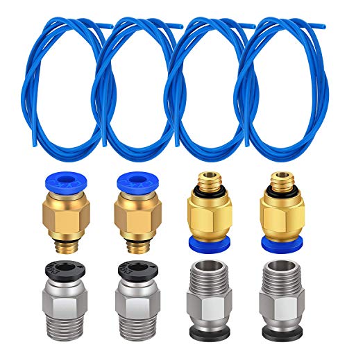 Zeelo 4 Pieces Teflon Tube PTFE Blue Tubing (1.5m) with 4 Pieces PC4-M6 Quick Fitting and 4 Pieces Straight Pneumatic Fitting Push for PC4-M10 to Connect for 3D Printer 1.75mm Filament