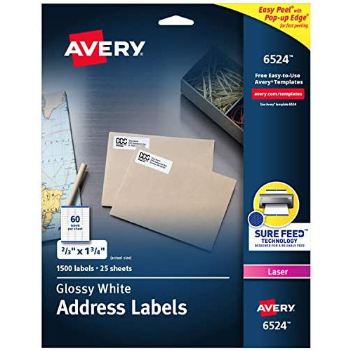 Avery Glossy White Return Address Labels for Laser Printers, 2/3 x 1-3/4, 1,500 Labels (6524)