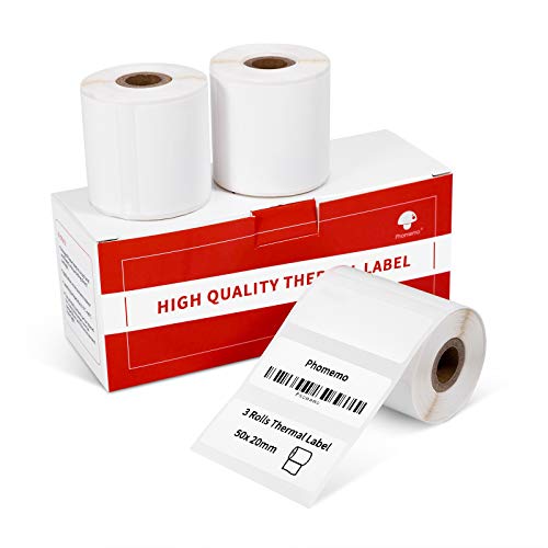 Phomemo 3 Rolls Thermal Paper for M110/M110S/M120/M200/M220, 1.96 x 0.79 (50x20mm)- Multi-Purpose Square Self-Adhesive Label, 320 Labels/Roll, Black on White