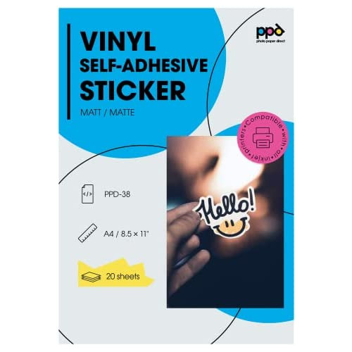 PPD 40 Sheets Inkjet Creative Media Matte Self Adhesive Vinyl Sticker Paper 8.5x11 PREMIUM Commercial Grade 4.7mil Thick Full Sheet Photo Quality Instant Dry Scratch and Tear Resistant (PPD-38-40)