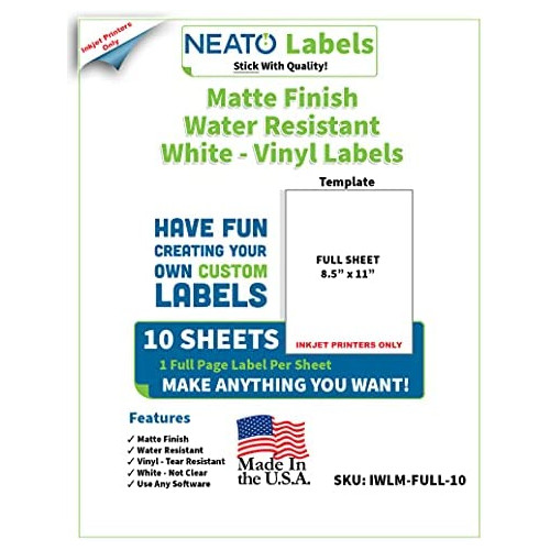 Neato Printable Vinyl for Inkjet Printer u2013 Premium Sticker Paper White Full Sheet Label u2013 10pcs Matte Sticker Paper Made in The USA u2013 Waterproof and Tear Resistant - 8.5 x 11-inch