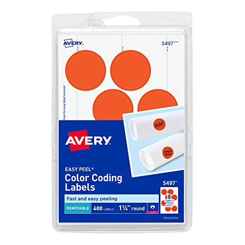 Avery Removable Print or Write Color Coding Labels for Laser Printers, 1.25 Inches, Round, Pack of 400, Neon Red (05497)