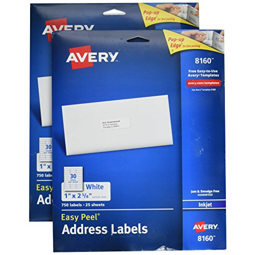 Avery Easy Peel Address Labels for Inkjet Printers, 1 x 2.62 Inch, White (08160) (2 Boxes of 750 Labels)
