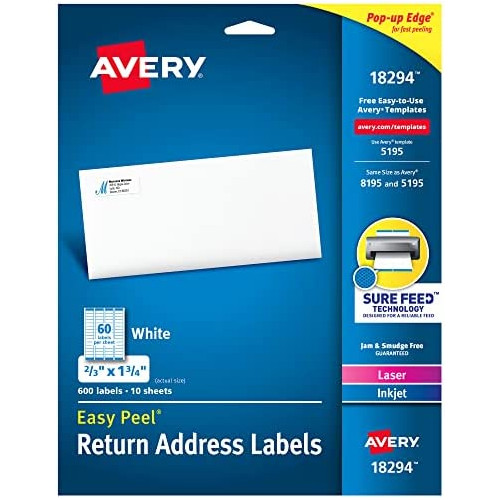 Avery Return Address Labels,Laser & Inkjet Printers,600 Labels,2/3 x 1-3/4,Permanent Adhesive, 5 Packs (18294)