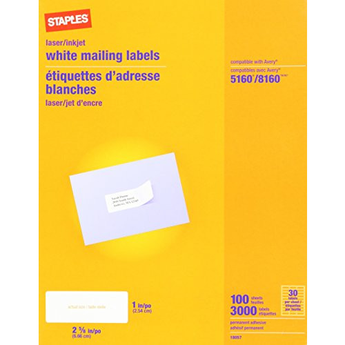 Staples White Inkjet/Laser Address Labels, 1 X 2-5/8, 3,000/Box