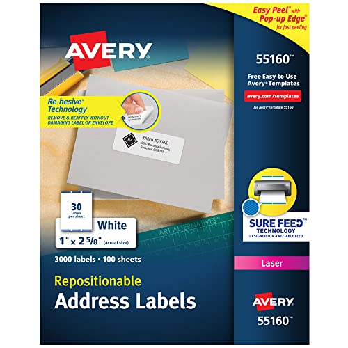 Avery Repositionable Printable Address Labels with Sure Feed, 1 x 2-5/8, White, 3,000 Blank Mailing Labels (55160)