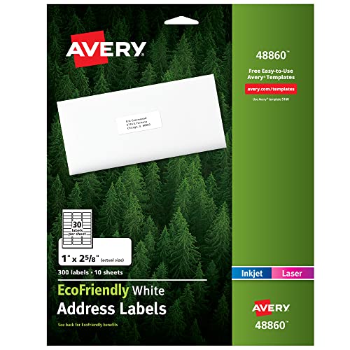 Avery EcoFriendly Mailing Labels for Laser and Ink Jet Printers, 1 x 2 5/8 Inches, White, Permanent, Pack of 300 (48860)