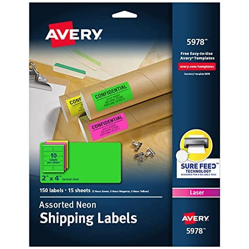 Avery High-Visibility Neon Shipping Labels for Laser Printers 2 x 4, Assorted Colors, Box of 1,000 (5964)