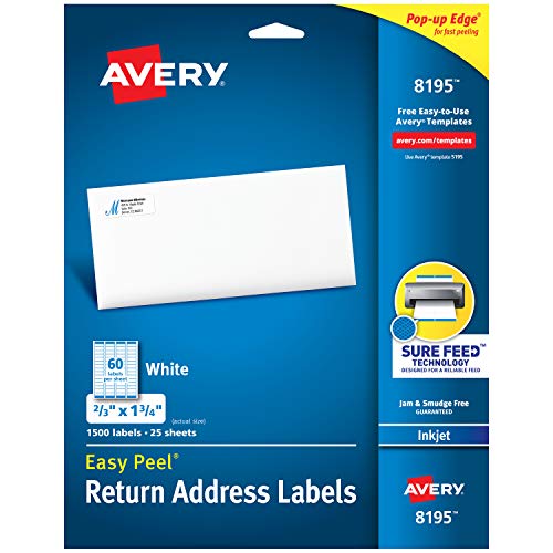 Avery Return Address Labels with Sure Feed for Inkjet Printers, 2/3 x 1-3/4, 1,500 Labels, Permanent Adhesive (8195), White