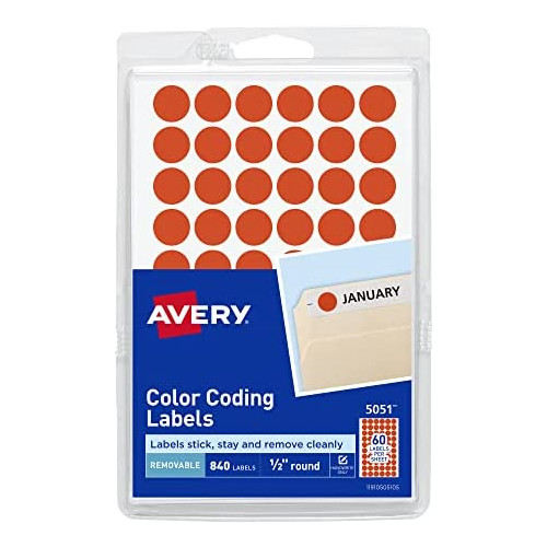 Avery Color-Coding Removable Labels, 1/2 Inch Round Stickers, Neon Red, Non-Printable, 840 Dot Stickers Total (5051)