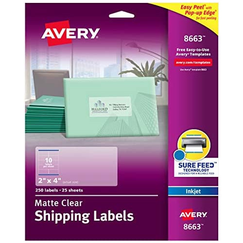 Avery Printable Shipping Labels with Sure Feed, 2 x 4, Matte Clear, 250 Blank Mailing Labels (8663)