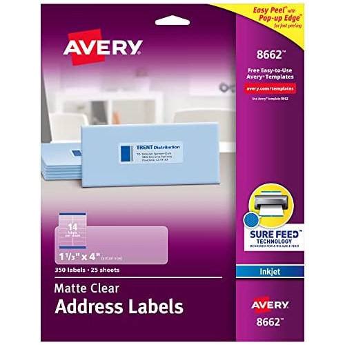 Avery Printable Address Labels with Sure Feed, 1-1/3 x 4, Matte Clear, 140 Blank Mailing Labels (18662)