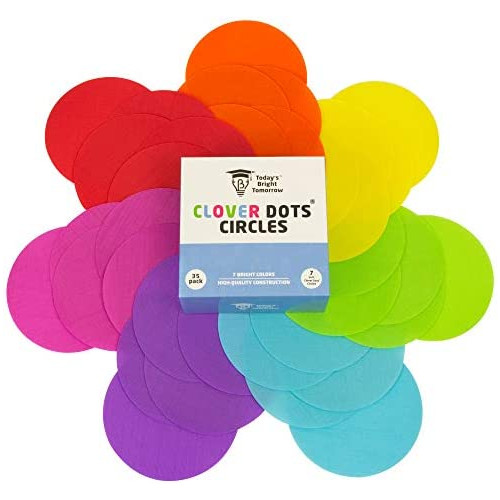 CLOVER DOTS, 7 inch Large Carpet Spot Circles, 35 Sitting Markers per Pack for Teachers and Children in Kindergarten and Preschool Classrooms, 7 Bright Colors