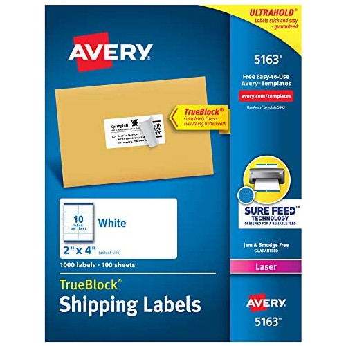 Avery Printable Shipping Labels with Sure Feed, 2 x 4, White, 2,500 Blank Mailing Labels (5963)