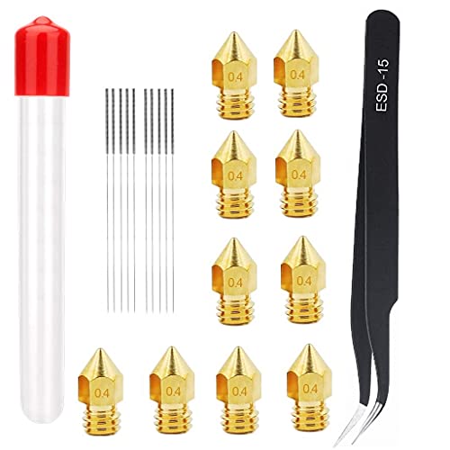 3D Printer Nozzle Cleaning Kit,Stainless Steel Nozzle Cleaning Tool Set,10 Pack 0.4 mm MK8 Nozzles,10 Pack 0.4 mm Needles Cleaner Pin and 1 Pack Tweezers Tool kit for 3D Printer Maintenance Tools