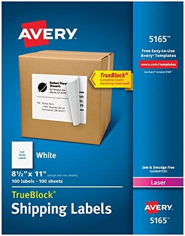Avery Shipping Address Labels, Laser Printers, 100 Labels, Full Sheet Labels, Permanent Adhesive, TrueBlock (5165), White
