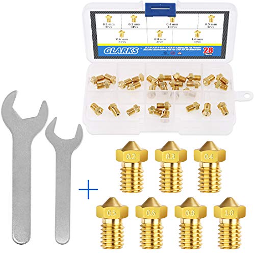 Glarks 30Pcs 3D Printer Nozzle with Spanner Set, 28Pcs 0.2mm 0.3mm 0.4mm 0.5mm 0.6mm 0.8mm 1.0mm Brass Extruder Print Head Hotend Nozzle Compatible with MK8 Makerbot Creality CR-10 M6 Thread 3D Printe