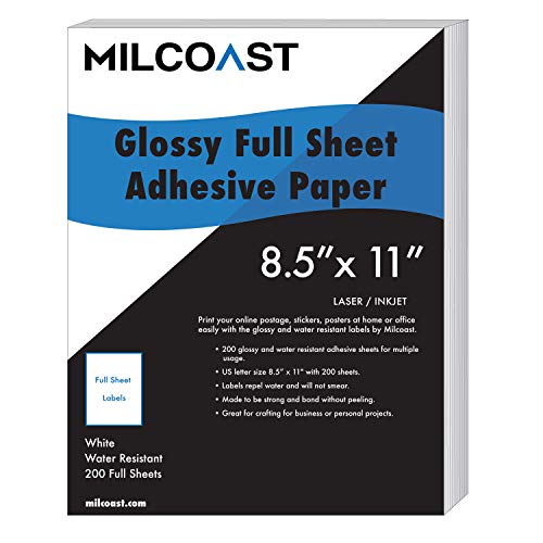 Milcoast Full Sheet 8.5 x 11 Shipping Sticker Paper Adhesive Labels Glossy for Laser or Inkjet Printer (200 Full Sheet)