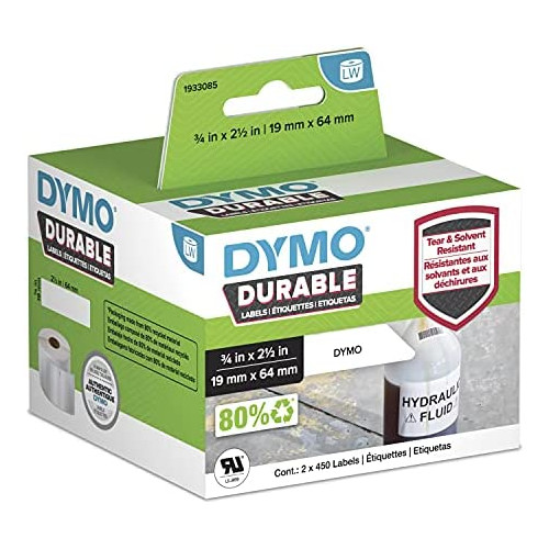 DYMO LW Durable Industrial Labels for LabelWriter Label Printers, White Poly, 3/4u201D x 2-1/2u201D, 2 Rolls of 450 (1933085)