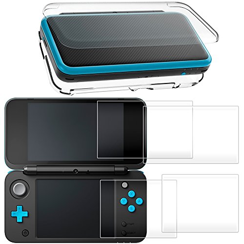 Hard Case Compatible New 2DS XL with 2 Packs Screen Protector, AFUNTA Anti-Scratch Crystal Clear Case, with 4 Pcs Tempered Glass Protective Films for Top and Bottom Screen