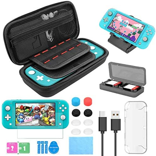 Switch Accessories Kit 17 in 1 for Nintendo Switch Lite, with Switch Carrying Case, Cover Case, Screen Protector Glass, Gaming Card Case, Joy-Con Thumb Grip Caps, Charger Cable, Adjustable Stand