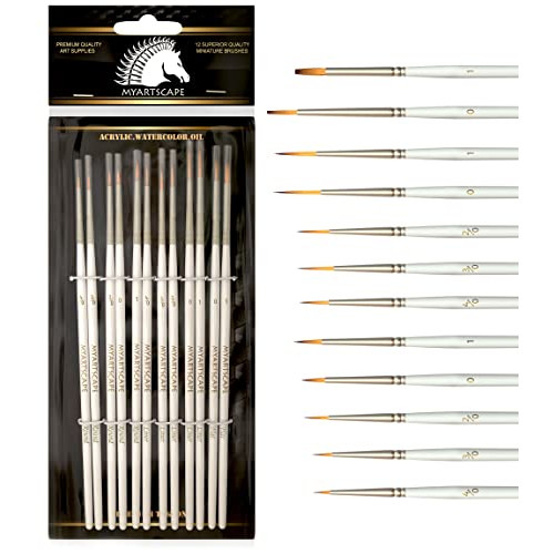 Miniature Paint Brushes, Set of 12 for Detail & Fine Point Painting - use with Acrylic, Watercolor, Oil, Gouache - for Pinstriping, Warhammer 40k, Models & Lettering - Artist Supplies by MyArtscape