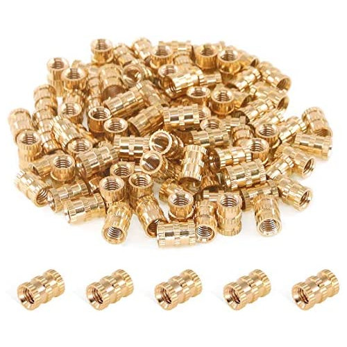 Hilitchi 100 Pcs Female Thread Brass Knurled Threaded Insert Embedment Nuts, Embed Parts, Pressed Fit into Holes for 3D Prints and More Projects (M5x6mmx7mm)