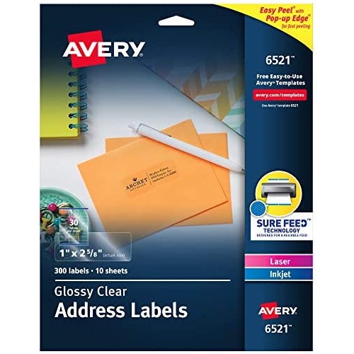 Avery Glossy Clear Address Labels, Sure Feed Technology, Laser/Inkjet, 1 x 2-5/8, 300 Labels, 5 Packs (6521)