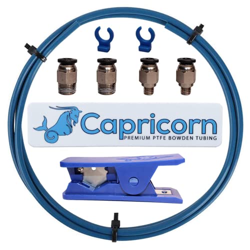 Authentic Capricorn PTFE Bowden Tubing (1 Meter) XS Series for 1.75mm Filament with PTFE Teflon Tube Cutter and Upgraded PC4-M6 and PC4-M10 Pneumatic Fittings with Metal Teeth and 2 Blue Collet Clips