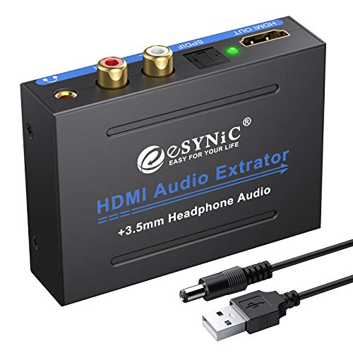 eSynic 4K HDMI Audio Extractor HDMI to HDMI + Optical TOSLINK SPDIF + Analog RCA L/R +3.5mm Jack Stereo Audio Video Splitter Converter with Power ON/Off Switch Support 4K Full HD1080p 3D