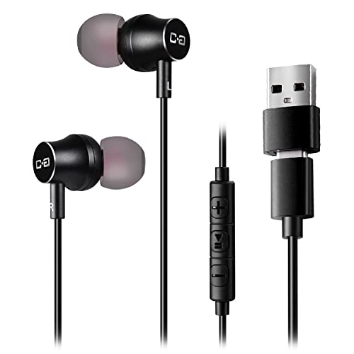 [2022 Upgraded] USB Earbuds with USB to C Adapter, 2-in-1 USB-C + USB-A Headphones Compatible with PC Computers, Mac & Smartphone Devices, Advanced DAC Sound Card, Clear Mic, Deep Bass, CGS-W1A