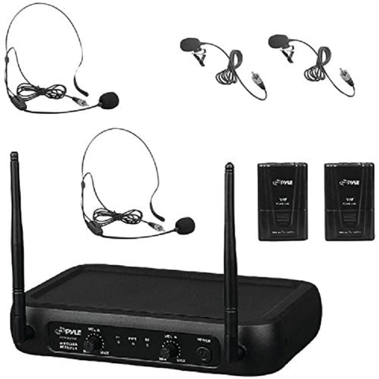Pyle Dual Channel Wireless Microphone System - VHF Fixed Dual Frequency Wireless Mic Receiver Set with 2 Lavalier, 2 Headset Mics, 2 Transmitter, Receiver - For PA, Karaoke, Dj Party - Pyle PDWM2145