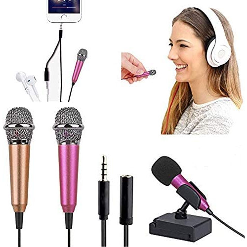 [2PCS] Mini Microphone with omnidirectional Stereo Microphone, Mini Karaoke Microphone, Suitable for Laptop, iPhone, Android Phone (with Stand) (Rose Gold + Pink)