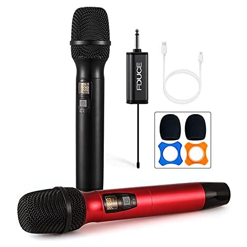 Wireless Microphone, Karaoke Mic, FDUCE UHF Dual Handheld Dynamic System with Rechargeable Receiver for Party, Church, Meeting, Wedding, 260ft (Grey and Gold)