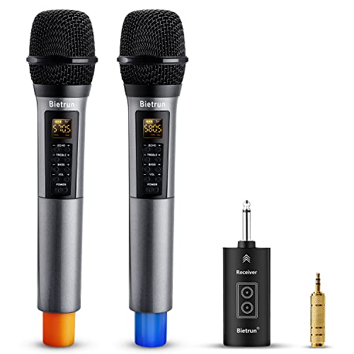 Bietrun Wireless Microphone with Echo, Treble, Bass & Bluetooth, 98 FT Range, Portable UHF Handheld Karaoke Dynamic Microphone System with Rechargeable Receiver, for Karaoke, Singing, Amp, PA System