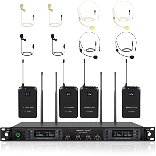Wireless Microphone System, Phenyx Pro Quad Channel Cordless Mic Set with Four Bodypacks and Headsets/Lapels, 4x40 Channels, Auto Scan,328ft Coverage, Ideal for DJ, Church,Events(PTU-7000B)